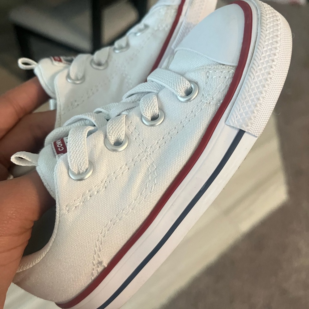 Kids White Canvas Sneakers with Red Trim - Classic Low Top